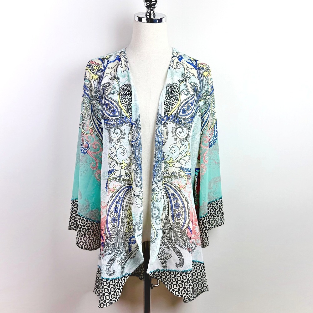 Soft Surroundings Womens S M Sheer Kimono Blue Paisley Sequin Sleeve Boho Duster - Picture 2 of 9